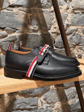 Thom Browne Black Grained Leather Tricolour Strap Lace-up Shoes